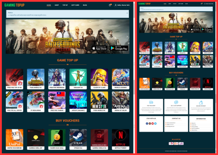 (Demo-1) Free Fire, PUBG, Voucher, Gift Card Selling Website Code ( backup File )